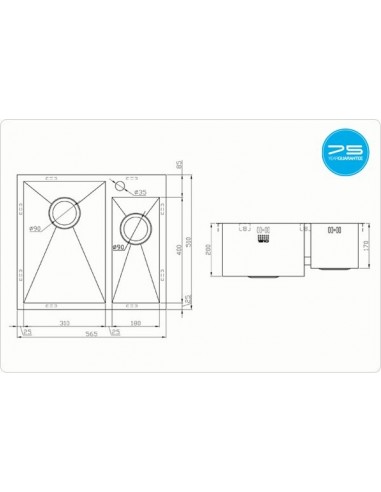 ZENDUO 310/180 I-F 1.5 Bowl Kitchen Sink Inset / Undermount Stainless ZD/3118/IF/S/BBL/006