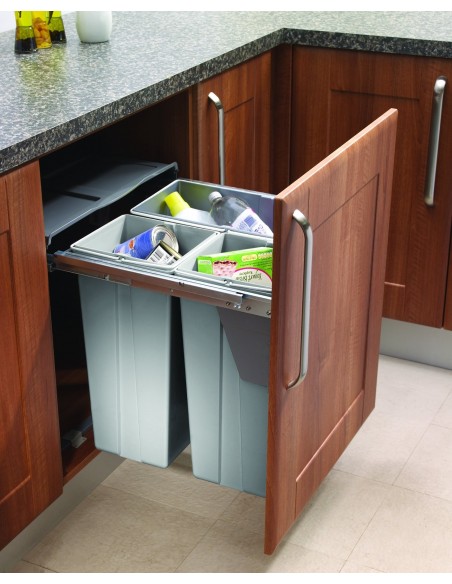 600mm Kitchen Waste Bin Trio Tubs Large 68L Hinged Or Pull-Out Rubbish BIN39