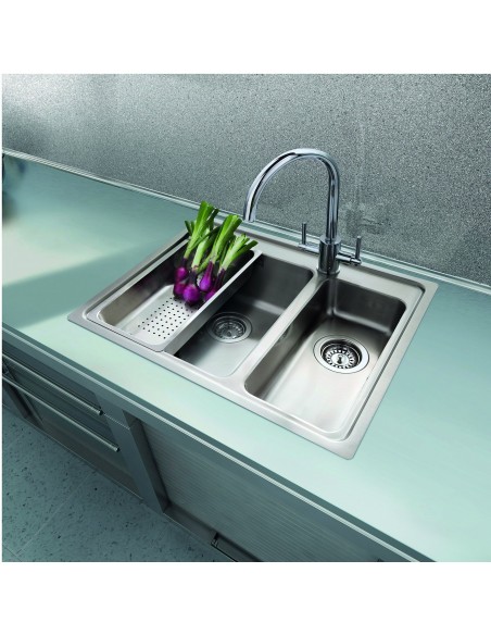 Clearwater Bella Kitchen Sink 1.5 Bowl Topmount Inset Stainless Steel BE625 Showing with Colander purchase separately