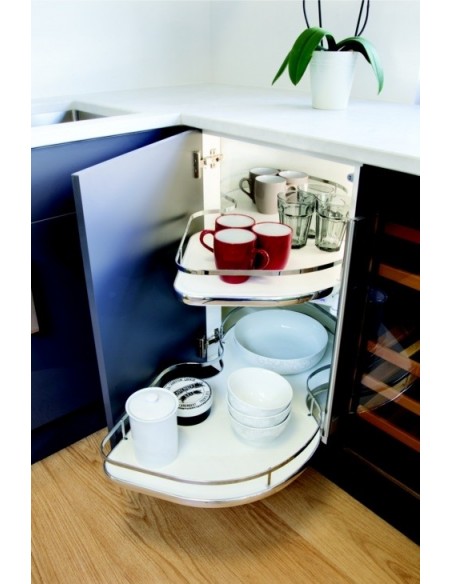 800mm Kitchen Corner Pull-Out Solid Base Shelving White & Chrome 54942340/1