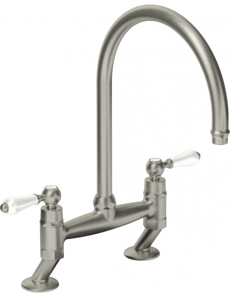 Clearwater Elegance Bridge Brushed Kitchen Tap White Twin Levers 0.1 ELB10BN