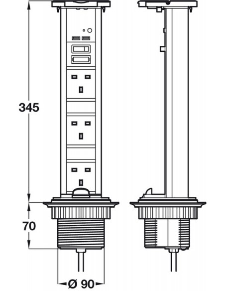 Vertical Powerdock Pop-Up Chrome Worktop X3 UK Sockets X2 USB IP54 82271222