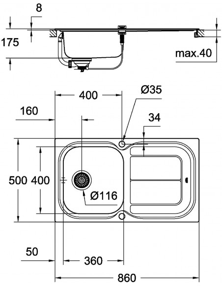 Grohe K500 Kitchen Sink 1.0 Bowl Stainless Steel Reversible 57040430