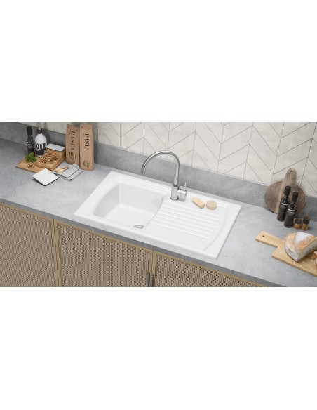 Thomas Denby Sonnet Sink Ceramic White 1.0 Bowl Drainer Mini 855 x 500 SO1BWT