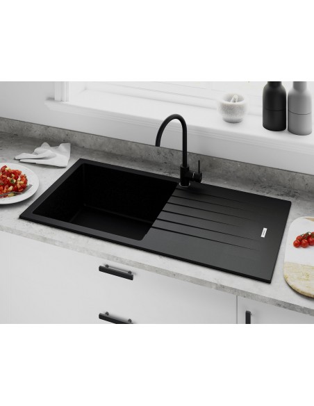 Tivoli D100L Single Bowl Kitchen sink Onyx black with draining board. Waste kit included