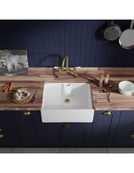Thomas Denby Norfolk 600mm Kitchen sink, White, ceramic apron front classic sink. Glossy white