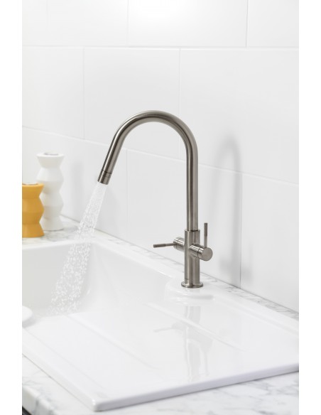 Clearwater Topaz Kitchen Tap J Spout Brushed Nickel Twin Lever