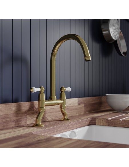 Clearwater Elegance Bridge Bronze Kitchen Tap White Twin Levers 0.1 ELB10BZ