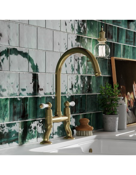 Clearwater Elegance Bridge Bronze Kitchen Tap White Twin Levers 0.1 ELB10BZ
