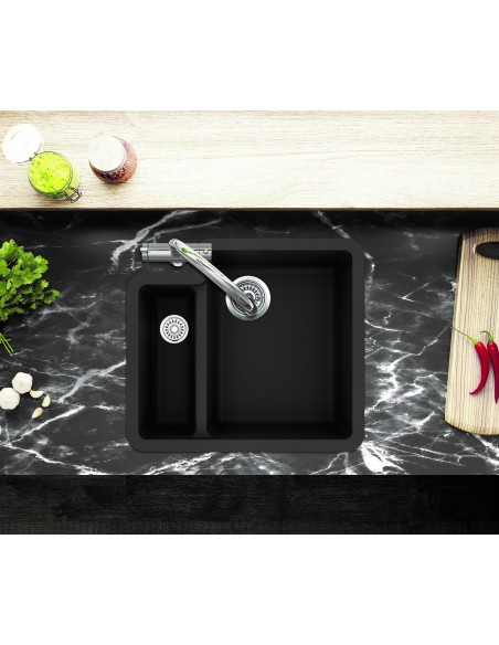 Clearwater Quarex Jet Black 1.5 Bowl Kitchen Sink, 557 x 500mm Inset or Undermount