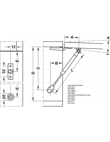 K12 Gas Lid Stay Lift Up Hinge, 164mm 120N Auto Open