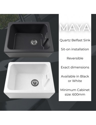 600mm Maya Black Granite Belfast Kitchen Sink FREE Waste 1810 Classic MU/595/BEL/BL/1001