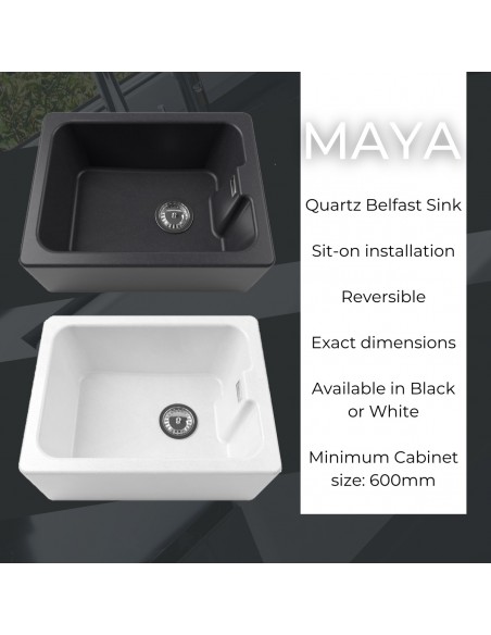 600mm Maya Black Granite Belfast Kitchen Sink FREE Waste 1810 Classic MU/595/BEL/BL/1001