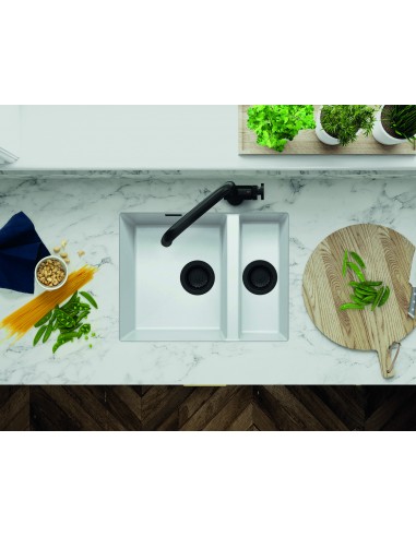 Clearwater Siena N150 Polar White Granite Kitchen Sink Waste & Plumb SIEN150PO Showing upgraded black waste