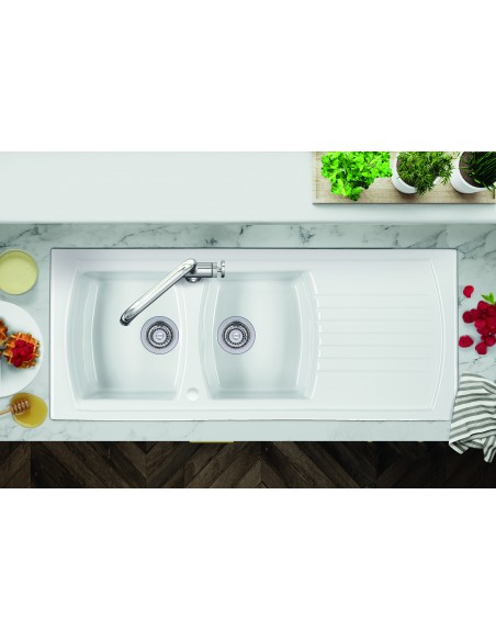 Thomas Denby Sonnet Double Bowl Kitchen Sink White Ceramic 1205x500 SO2BDWT