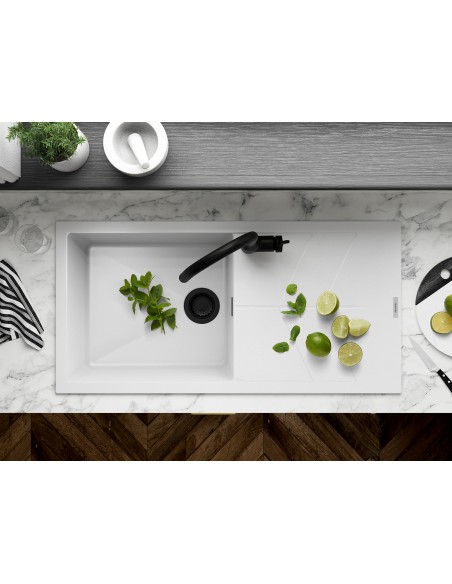 Clearwater RIO Polar Granite White D100L Kitchen Sink Chrome Waste Upgraded Waste Black
