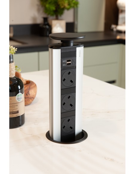 EVOline Pop-Up Worktop Socket X2 USB Chargers & UK Plugs Black Top 1593 1041 5601