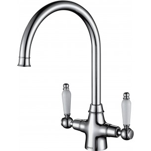 Rodez Twin-Lever Kitchen Tap Brushed Steel White & Black Handles 1810 ROD/02/BS