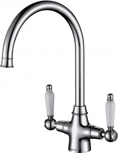 Rodez Twin-Lever Kitchen Tap Brushed Steel White & Black Handles 1810 ROD/02/BS