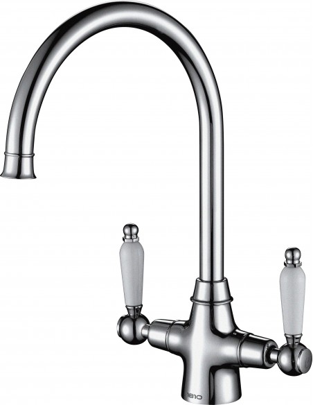 Rodez Twin-Lever Kitchen Tap Brushed Steel White & Black Handles 1810 ROD/02/BS