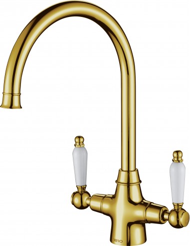 Rodez Kitchen Tap Gold Brass Twin White & Black Lever 1810 Company ROD/06/GB