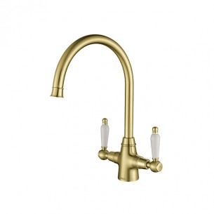 Rodez Brushed Gold Brass Twin-Lever Kitchen Tap White & Black Handles ROD/08/BGB 2
