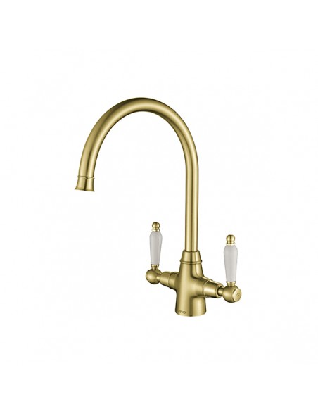 Rodez Brushed Gold Brass Twin-Lever Kitchen Tap White & Black Handles ROD/08/BGB