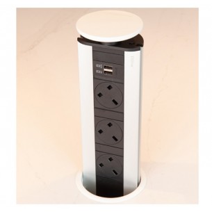 EVOline Pop-Up White Sockets Worktop Port X3 UK Plugs X2 USB Chargers 1593 1041 6100 2