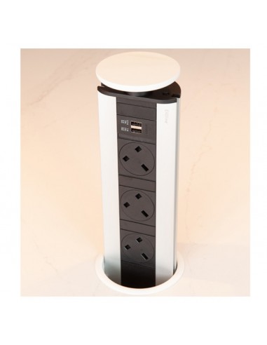 EVOline Pop-Up White Sockets Worktop Port X3 UK Plugs X2 USB Chargers 1593 1041 6100