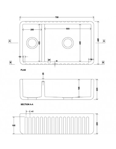 800mm Thomas Denby Bredon Butler Kitchen Sink 1.5 Bowl Fluted Ceramic TBR800