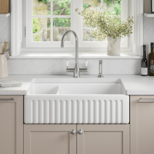 800mm Thomas Denby Bredon Butler Kitchen Sink 1.5 Bowl Fluted Ceramic TBR800 2