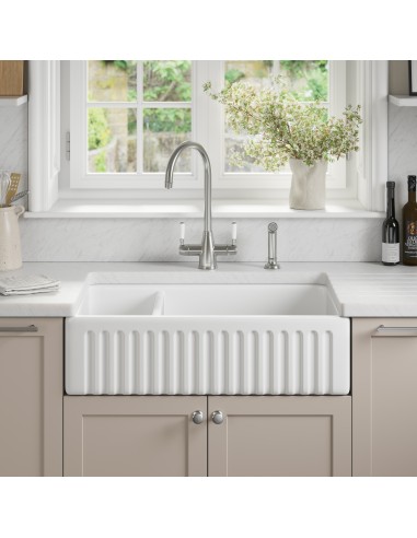 800mm Thomas Denby Bredon Butler Kitchen Sink 1.5 Bowl Fluted Ceramic TBR800