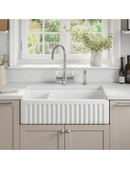 800mm Thomas Denby Bredon Butler Kitchen Sink 1.5 Bowl Fluted Ceramic TBR800