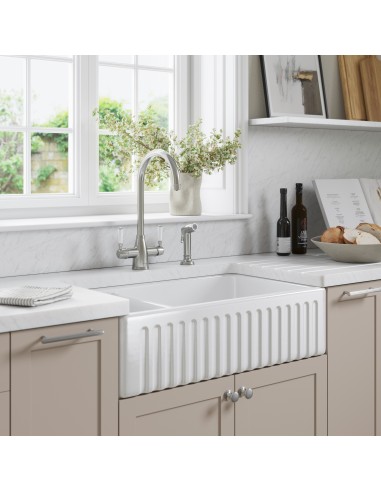 800mm Thomas Denby Bredon Butler Kitchen Sink 1.5 Bowl Fluted Ceramic TBR800