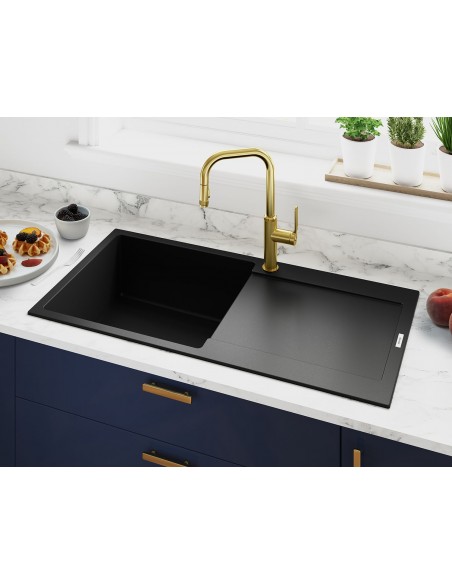 Clearwater Carina Nero Granite Quarsil D100L Black Kitchen Sink 1.0 Bowl & Waste CARD100LNE