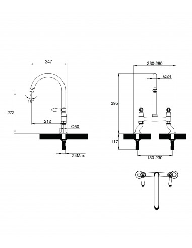 Clearwater Elegance Bridge Brass Kitchen Tap White Twin Levers 0.1 Bar ELB10BB
