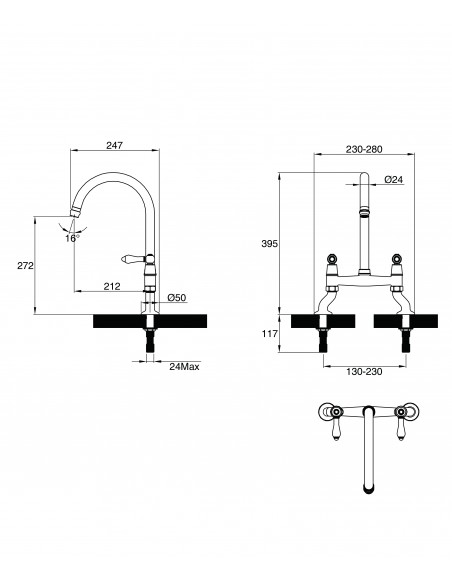 Clearwater Elegance Bridge Brass Kitchen Tap White Twin Levers 0.1 Bar ELB10BB