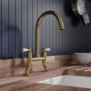 Clearwater Elegance Bridge Brass Kitchen Tap White Twin Levers 0.1 Bar ELB10BB 2