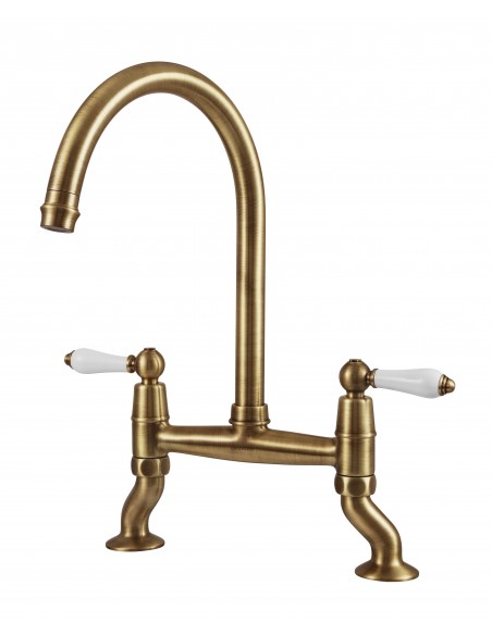 Clearwater Elegance Bridge Brass Kitchen Tap White Twin Levers 0.1 Bar ELB10BB
