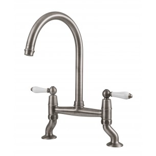 Clearwater Elegance Bridge Brushed Kitchen Tap White Twin Levers 0.1 ELB10BN 2