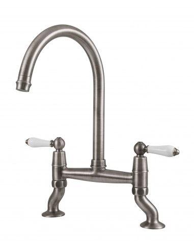 Clearwater Elegance Bridge Brushed Kitchen Tap White Twin Levers 0.1 ELB10BN