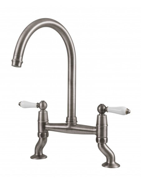 Clearwater Elegance Bridge Brushed Kitchen Tap White Twin Levers 0.1 ELB10BN