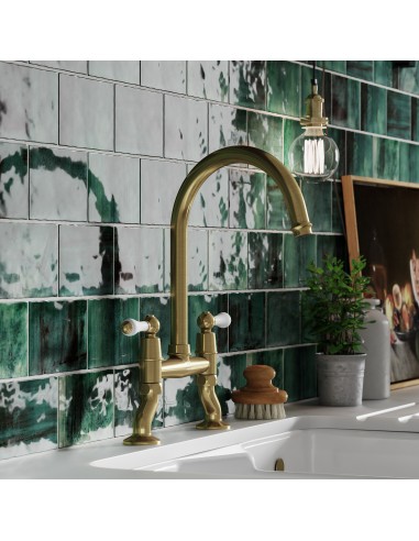 Clearwater Elegance Bridge Bronze Kitchen Tap White Twin Levers 0.1 ELBR10BZ