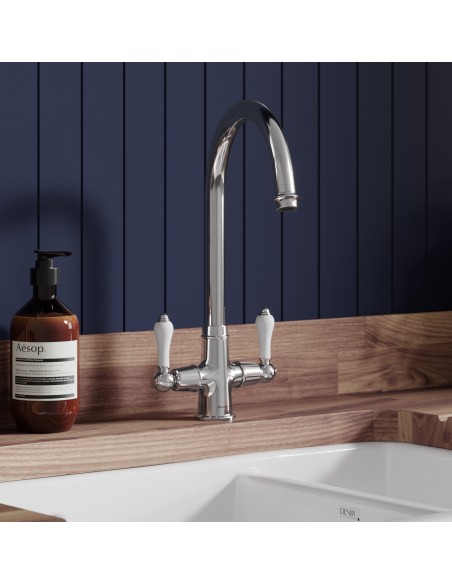 Clearwater Elegance Monobloc Chrome White Twin Lever Kitchen Tap WRAS EL20CP