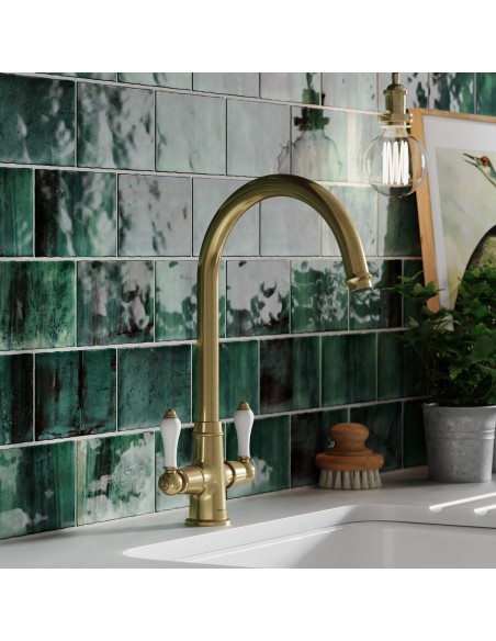 Clearwater Elegance Monobloc Bronze White Twin Lever Kitchen Tap WRAS EDL20BZ