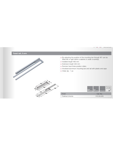 Double Telescopic Towel Rail Polished Chrome Aluminium Pull-Out 460mm 51050225