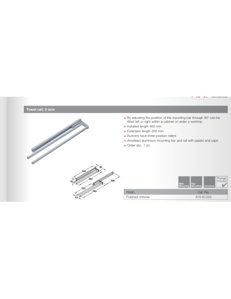 Double Telescopic Towel Rail Polished Chrome Aluminium Pull-Out 460mm 51050225