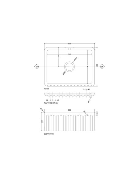 Thomas Denby Chiltern 600mm Butler Kitchen Sink Fluted Front Ceramic