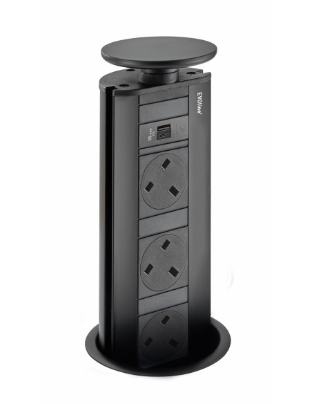 EVOline Pop-Up Sockets Black Steel X3 UK X2 USB Worktop Charger Port Q18453.1