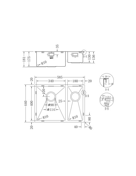 HEXDUO10 340/180U BBL Stainless Steel Kitchen Sink 1.0 Hexagonal 1810 Company HD/3418/U10/S/224